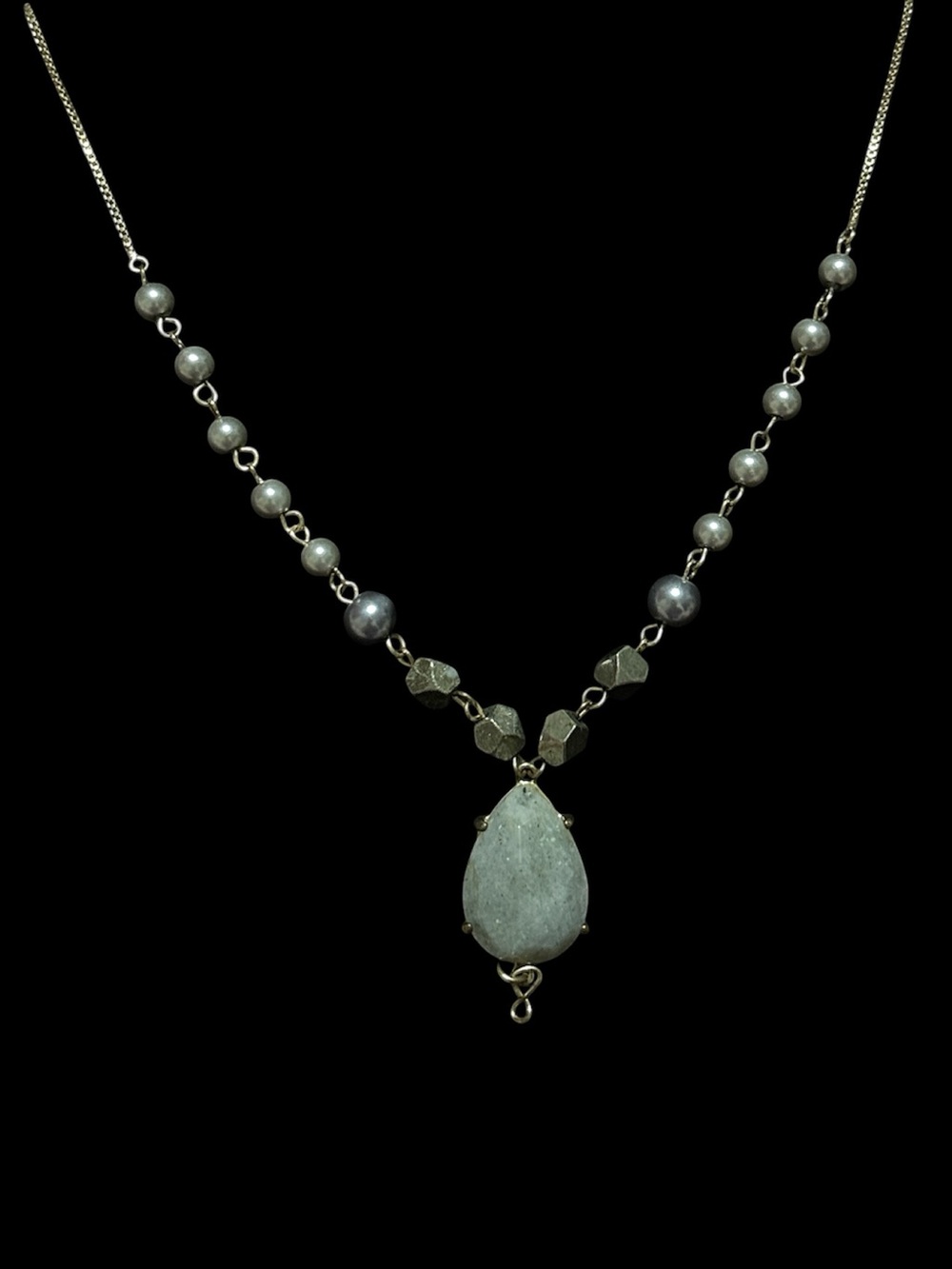 Loft Beaded Teardrop Pendant Necklace - Gold Tone with Gray Beads